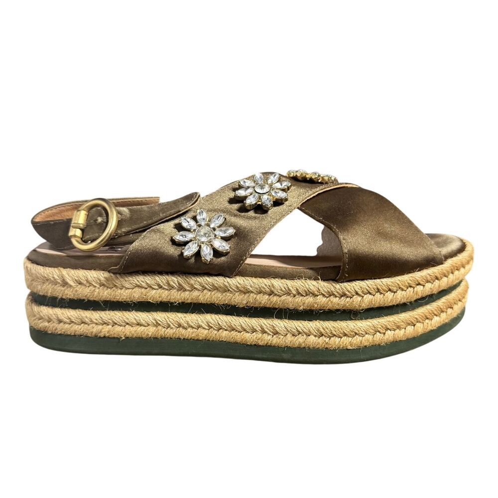 Kanna Platform Espadrille Sandal Women 38 7.5 US Green Satin Floral Embellished